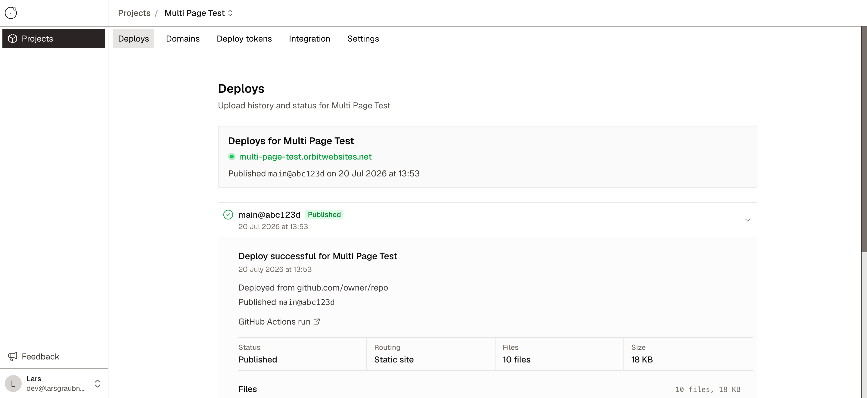 OrbitPush project deployment screen showing a published static site and its deployment details